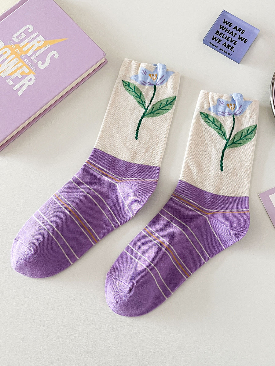 5 Paar Damen Baumwollsocken mit Blumenmotiv IO1012