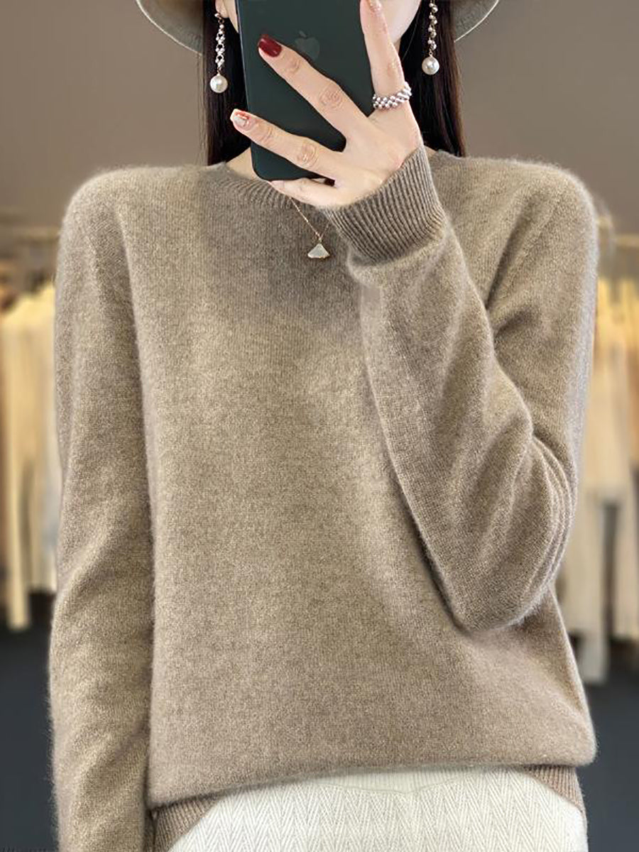 Women Autumn Solid Knit 100%Wool O-Neck Sweater WU023