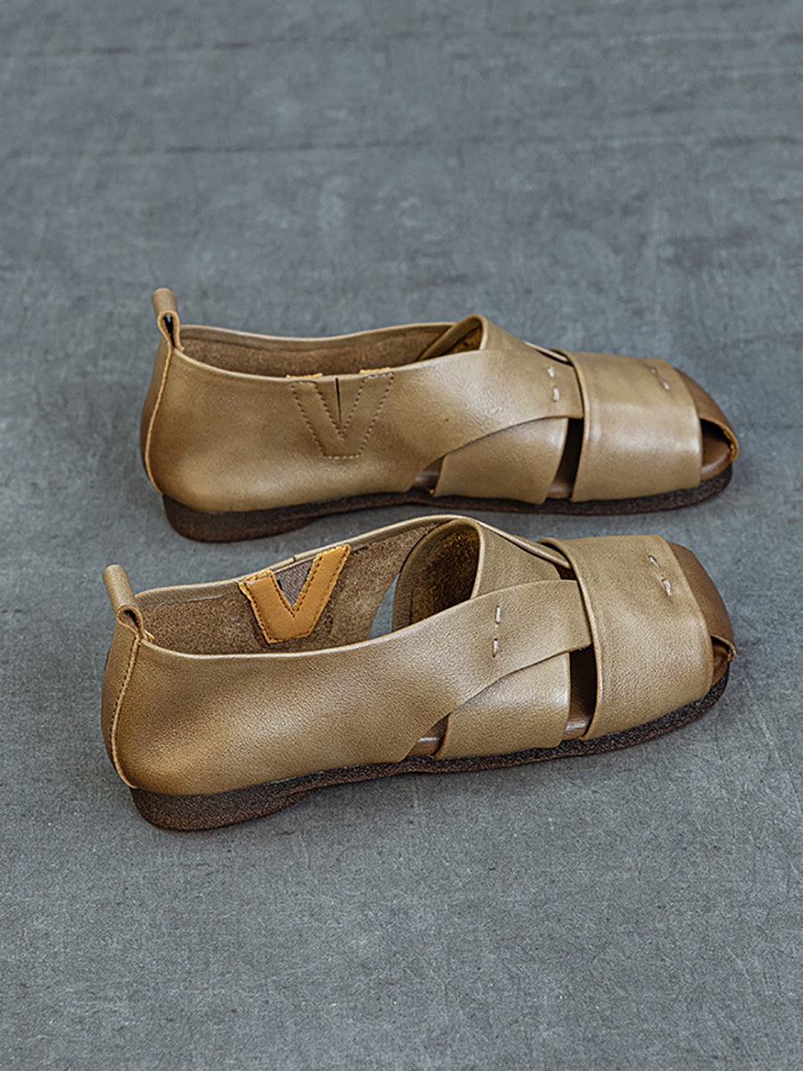 Genuine Sandals Women Leather Vintage Flat