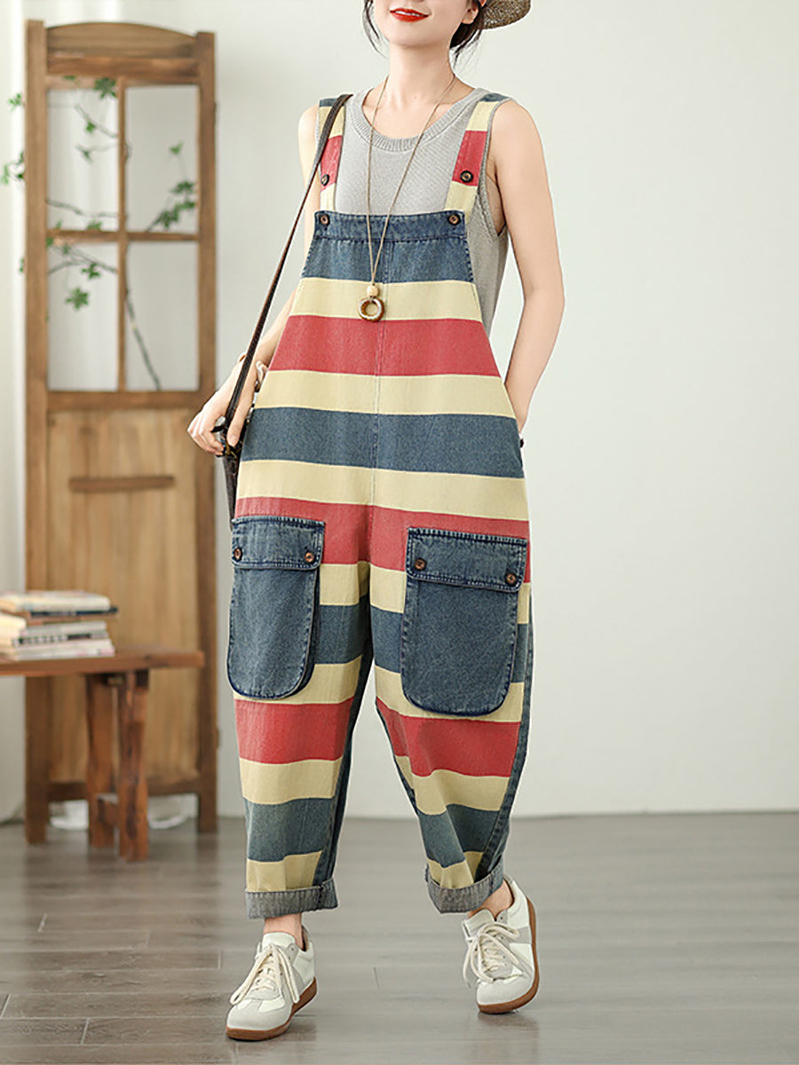 Jumpsuits Stripe Colorblock Summer Women Denim Loose