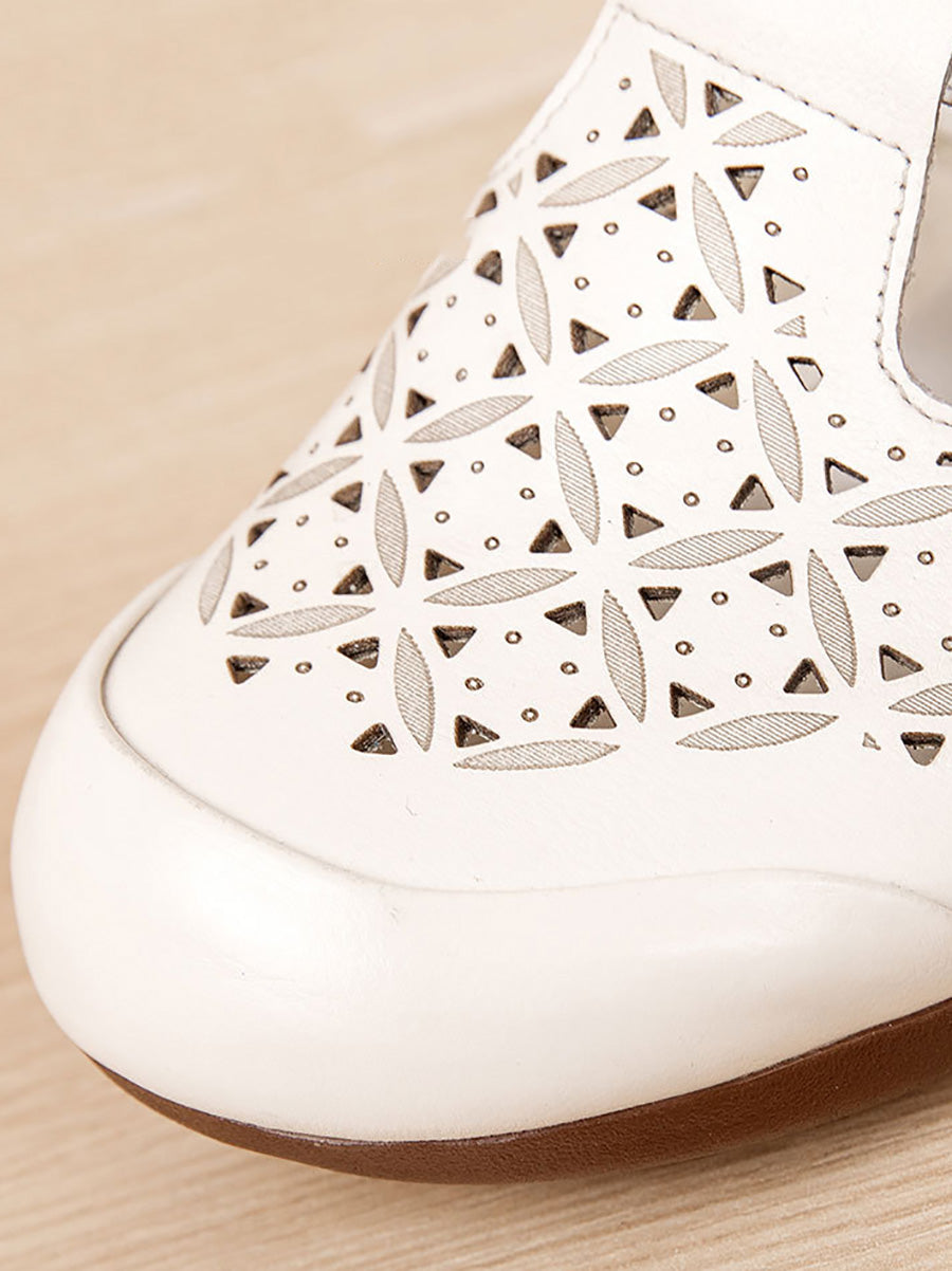 Women Leather Hollow Vintage Shoes Low Genuine Out Heel