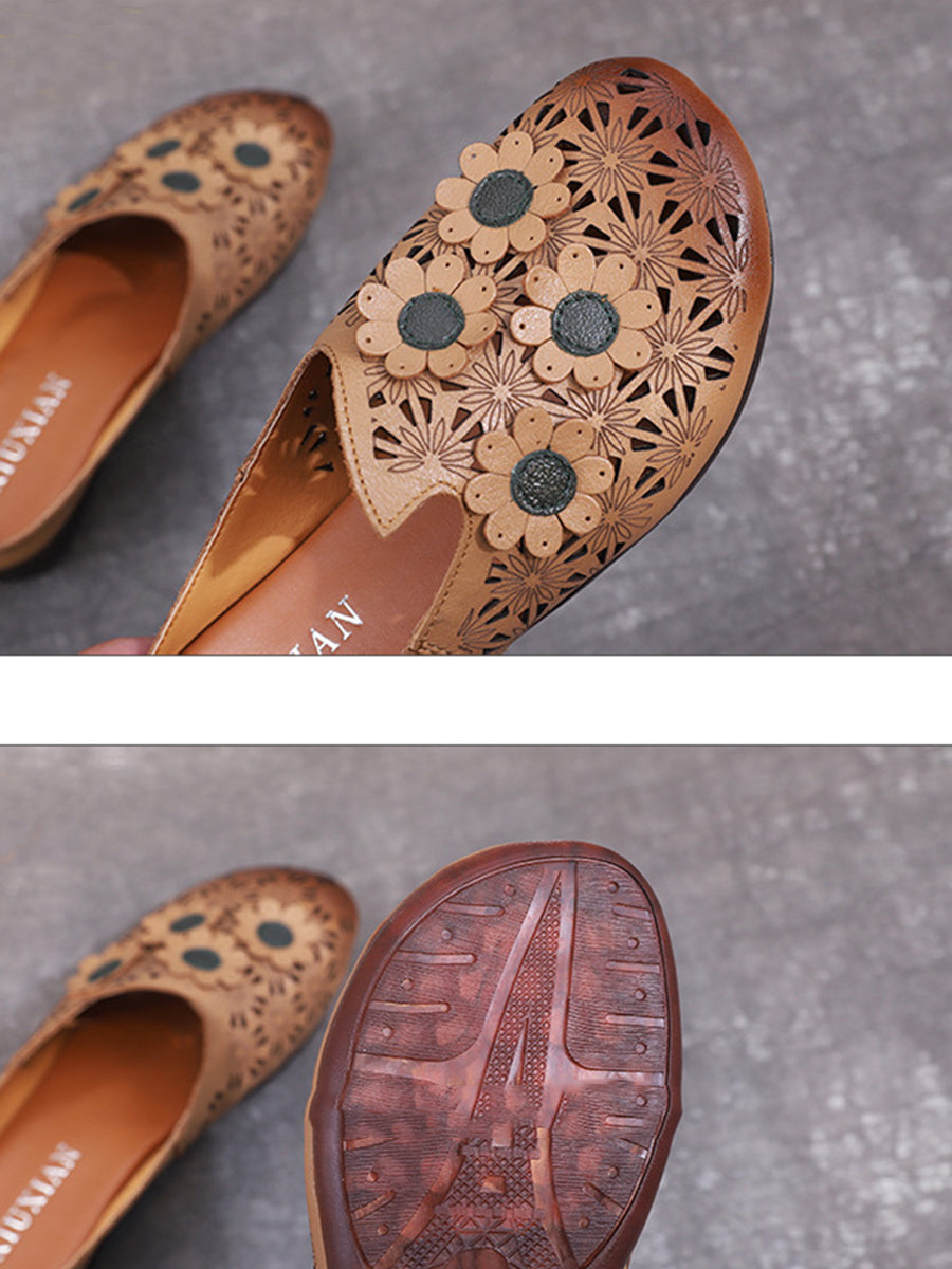 Women Summer Leather Flower Spliced Cutout Slippers OO1019