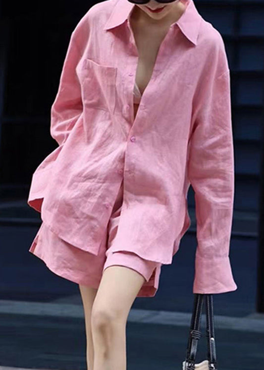 Modern Pink Button Shirts And shorts Two Pieces Set Fall AN1017