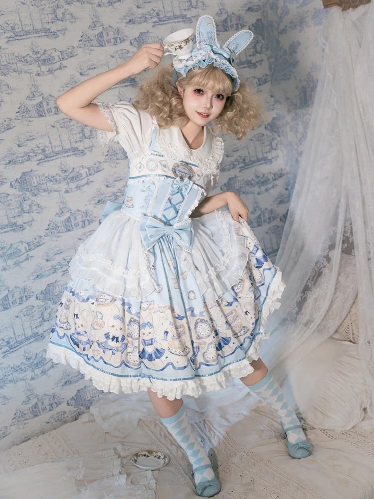 and Blue Bunny Clock Lolita Dress Print Sweet Alice