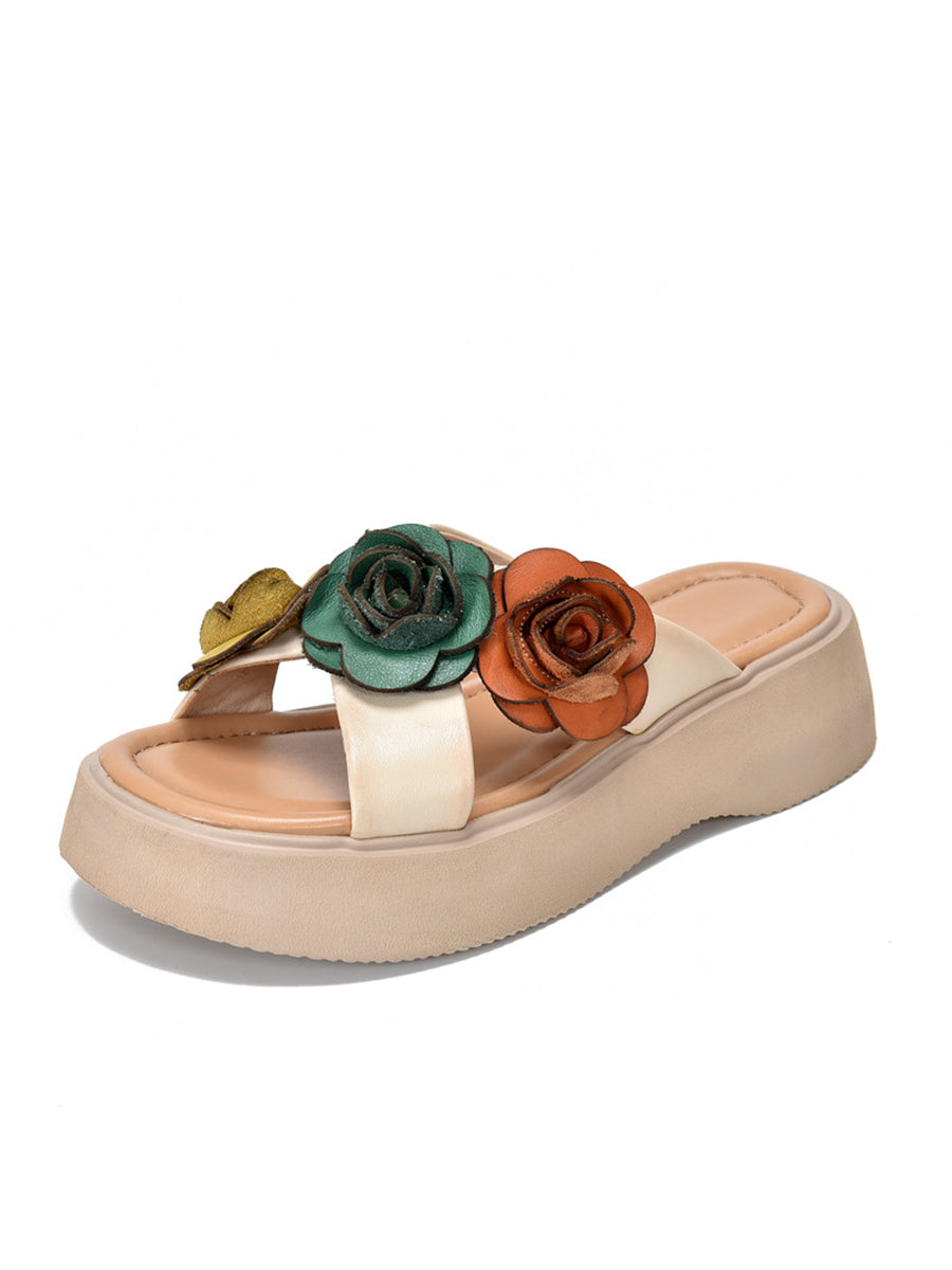 Platform Spliced Leather Summer Women Slippers Flower
