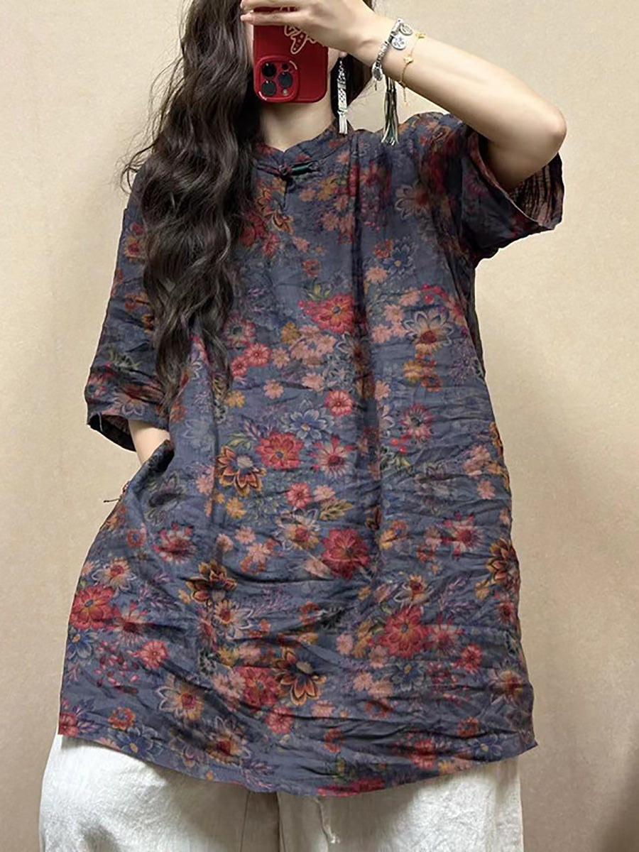 Women Vintage Flower Linen Summer Long Shirt CO1015