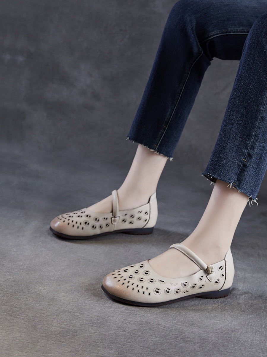 Leather Heel Summer Low Women Shoes Genuine Out Hollow