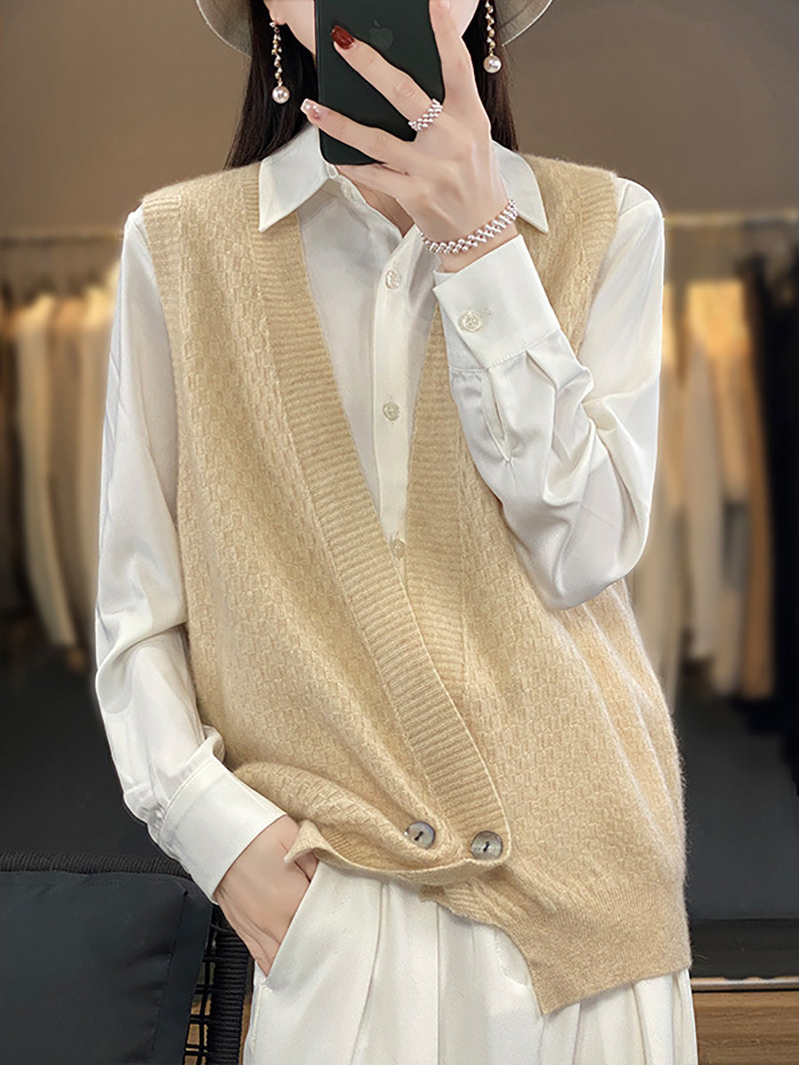 Women Casual Wool Solid V-Neck Irregular Hem Knit Vest AX1079