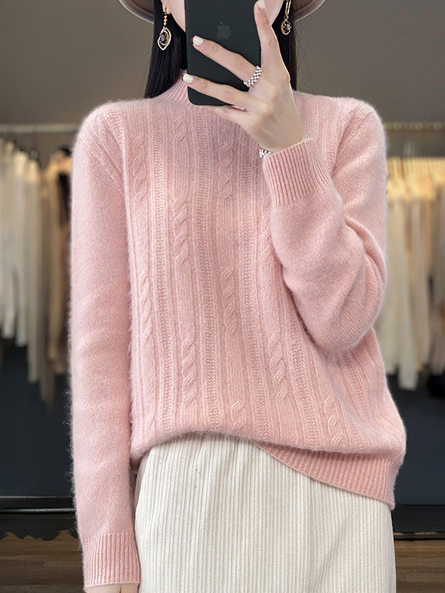 Women Autumn Solid Cable Knit 100%Wool Half Turtleneck Sweater QN027