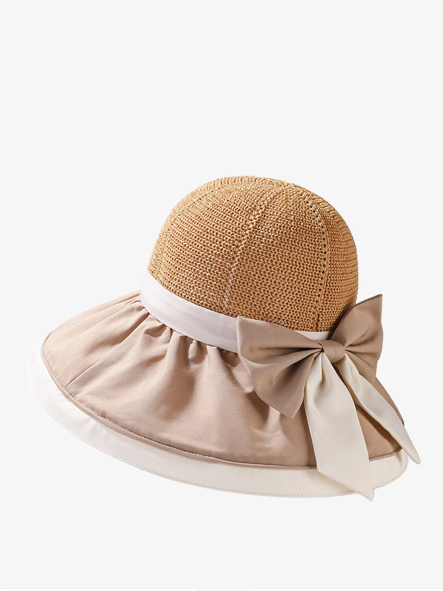 Women Summer Colorblock Large Brim Bowknot Hat WE1003