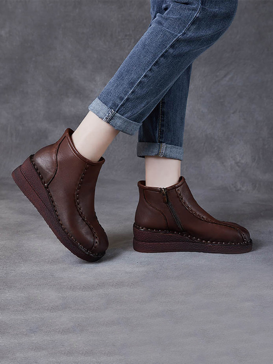 Women Retro Soft Leather Spliced Fleece-lined Mid-Heel Boots