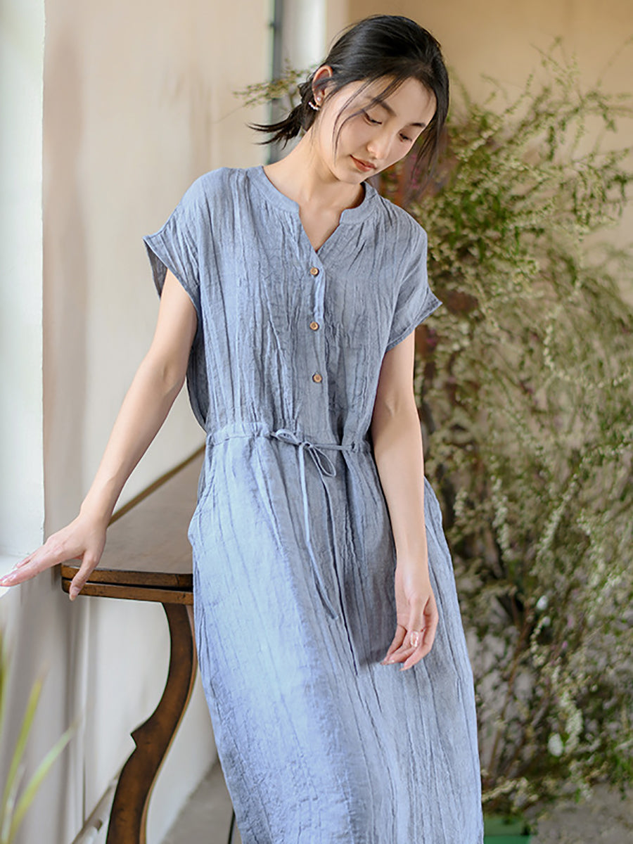 Women Summer Vintage Solid Strap Wrist Linen Dress OO1011