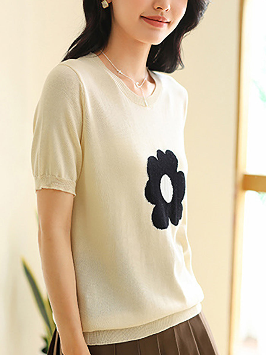 Women Summer Casual Flower Knitted Shirt PA1029