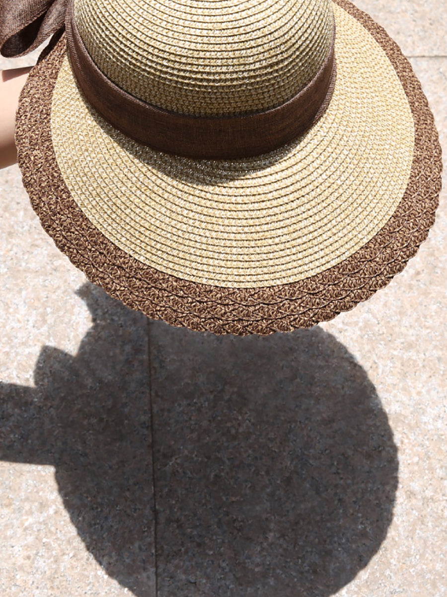 Women Summer Straw Colorblock Large Brim Sunproof Hat ZZ1028