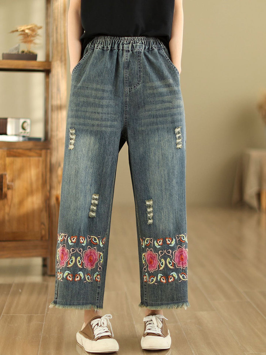 Women Summer Retro Embroidery Frayed Straight Denim Pants AS1042