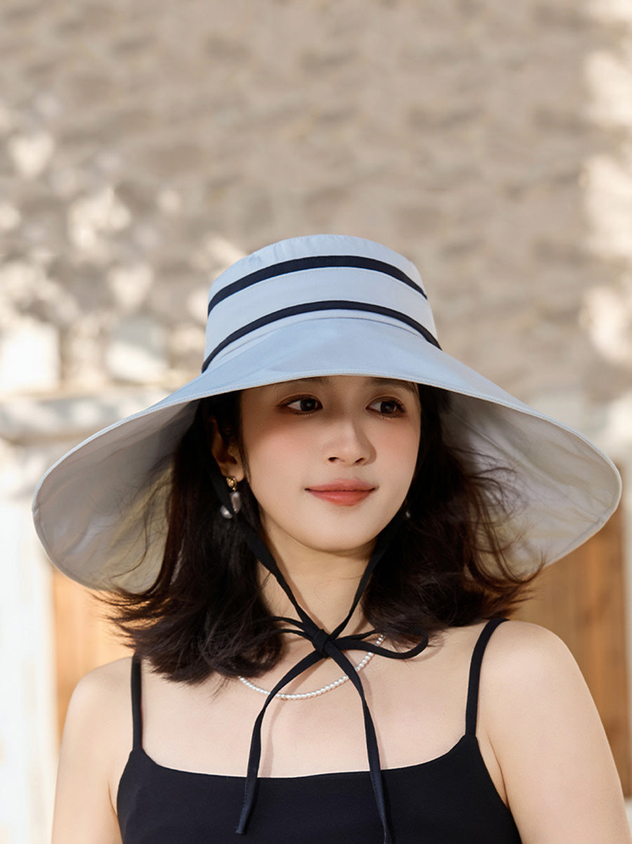 Brim Large Hat Sunproof Casual Stripe Women