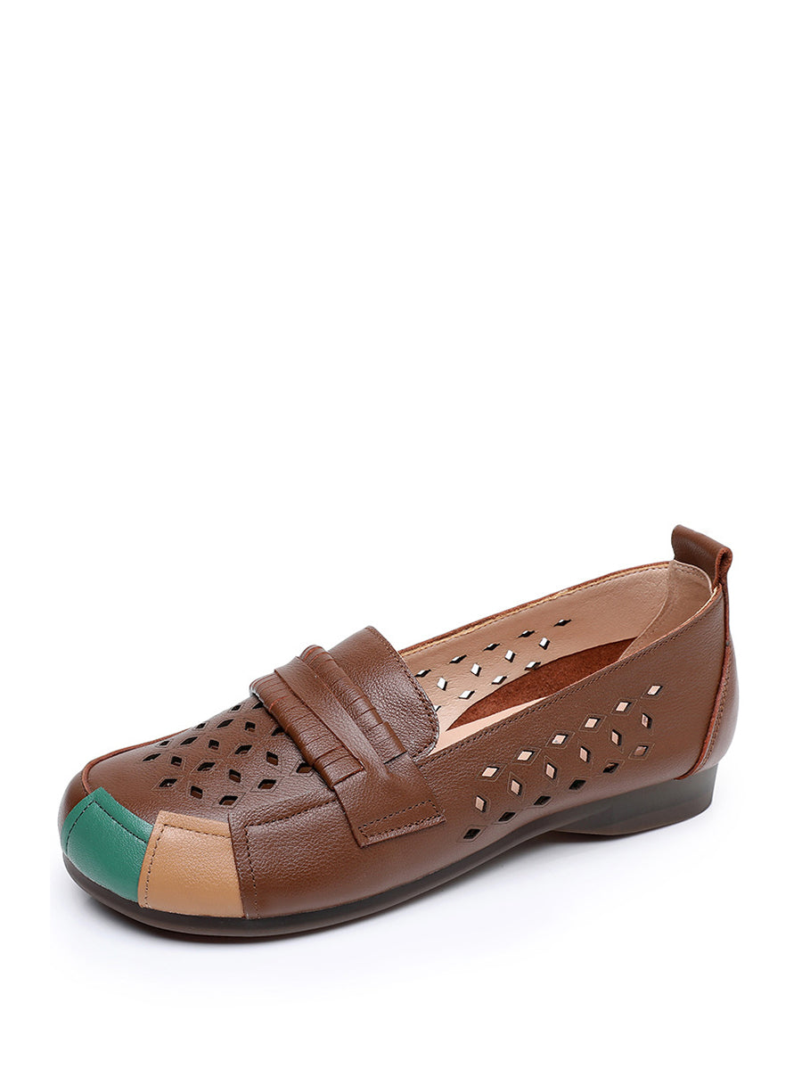 Women Summer Leather Colorblock Cutout Flat Shoes UI1030