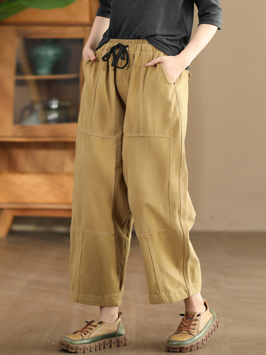 Women Autumn Vintage Solid Spliced Pocket Harem Pants AI1030