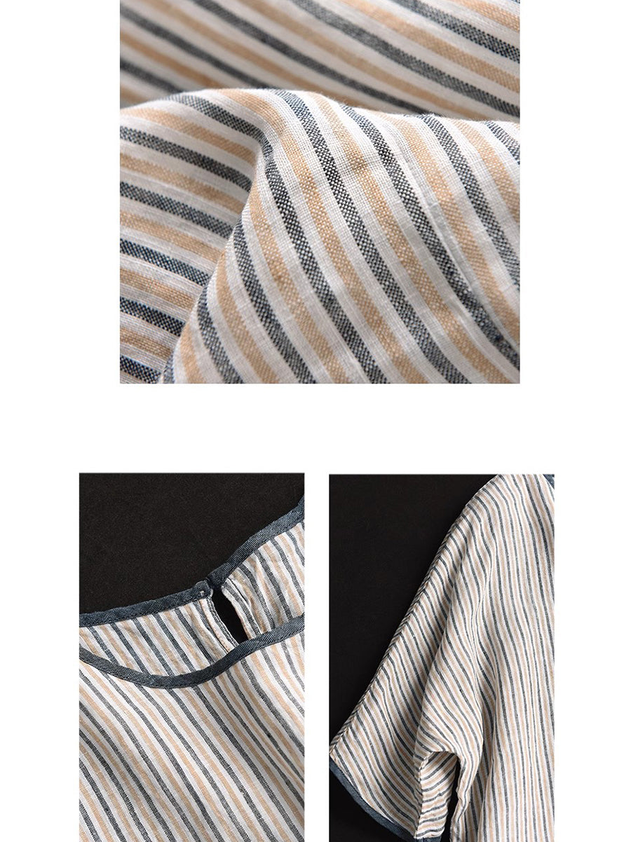 Women Summer Vintage Stripe Spliced Linen Shirt CV1052