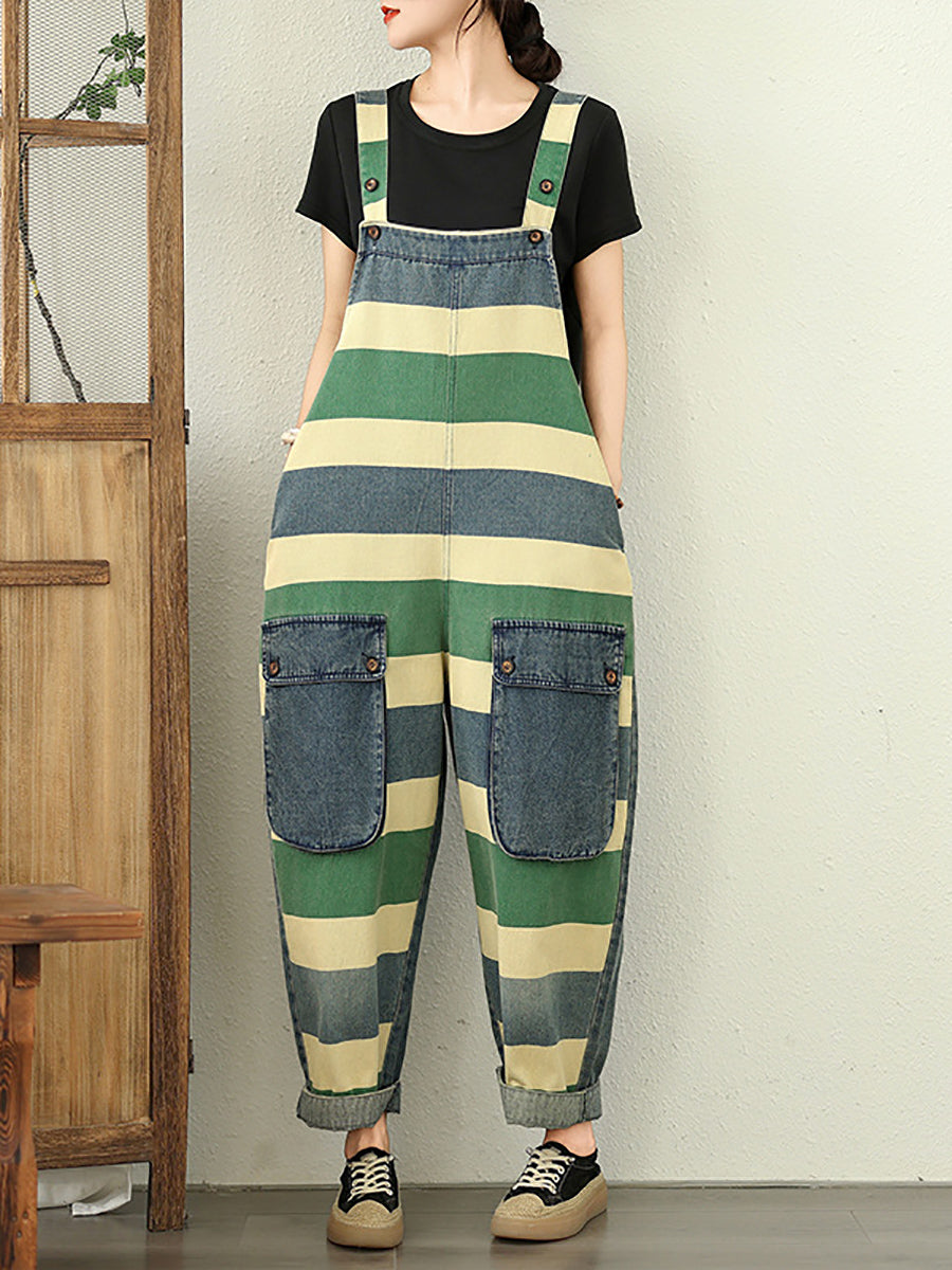 Jumpsuits Stripe Colorblock Summer Women Denim Loose
