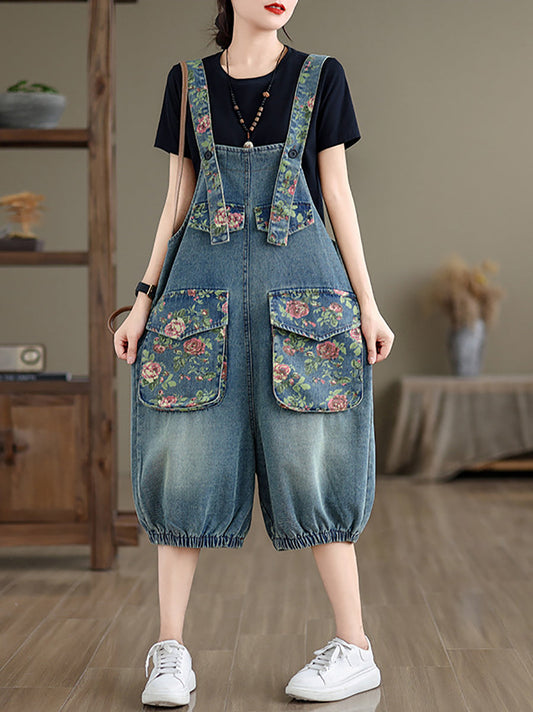 Damen Sommer Retro Blumen Gespleißt Denim Overalls ZZ1021