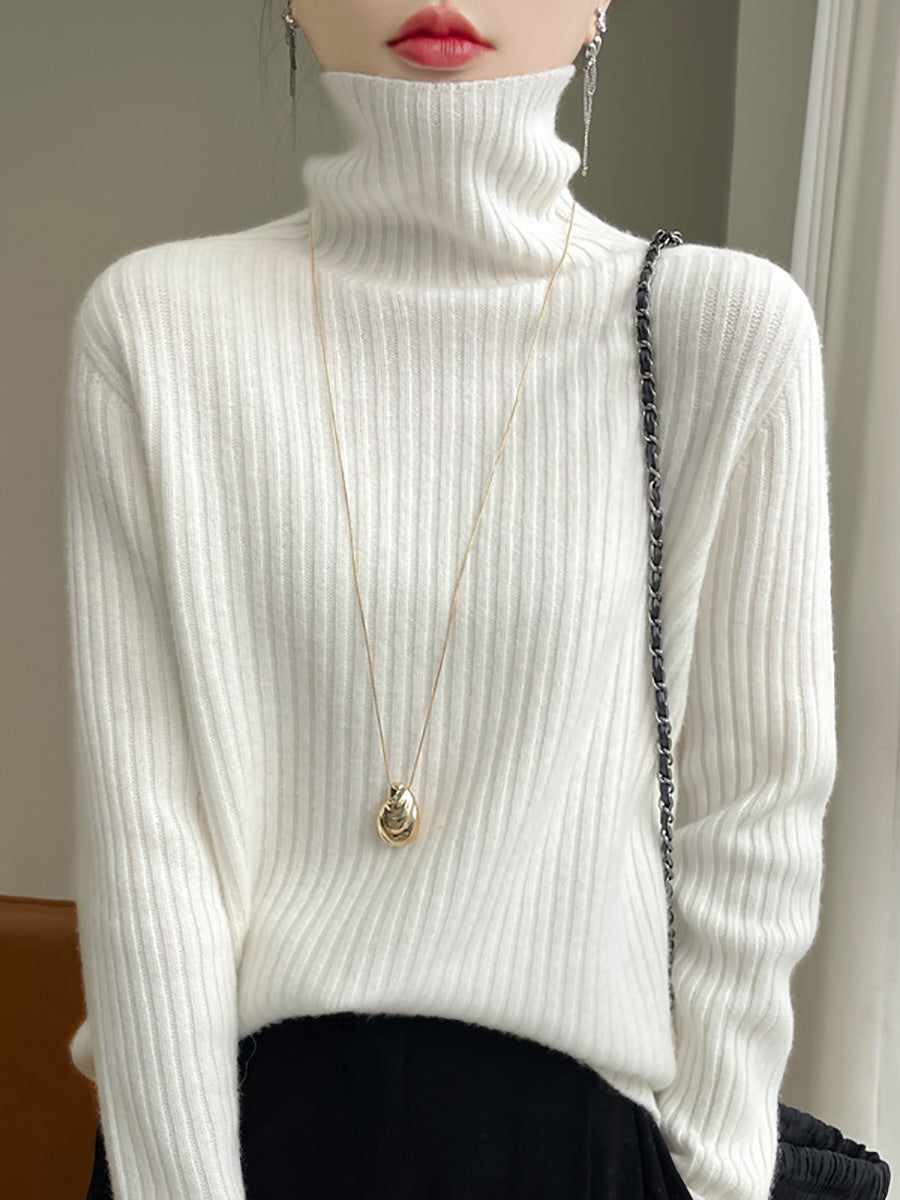 Women Autumn Casual Solid Turtleneck Wool Knit Sweater AX1086