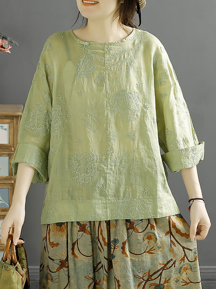 Women Vintage Embroidery Solid Ramie Shirt AA1012