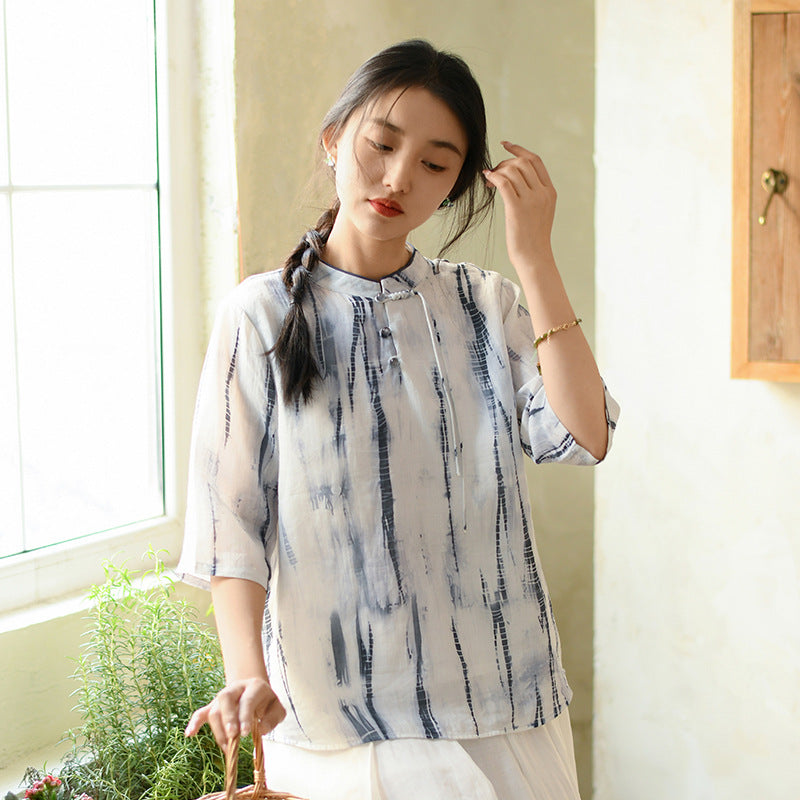 Women Summer Ethnic Print Loose Stand Collar Ramie Shirt II1010