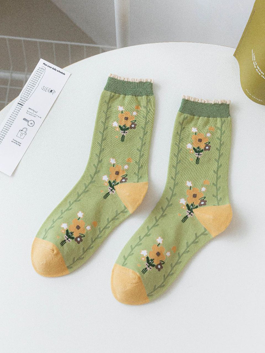 5 Paar Damen Artsy Flower Grüne Wadensocken IO1011