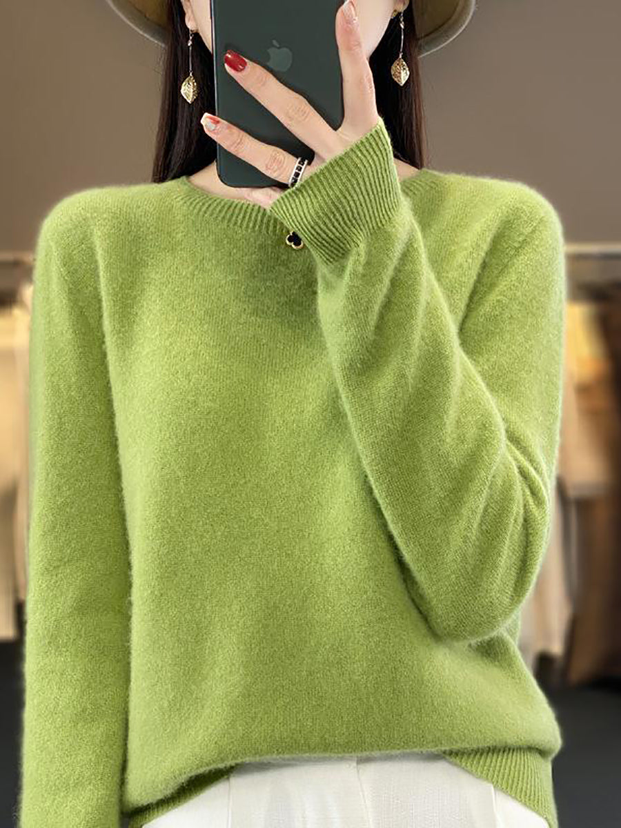 Women Autumn Solid Knit 100%Wool O-Neck Sweater WU023