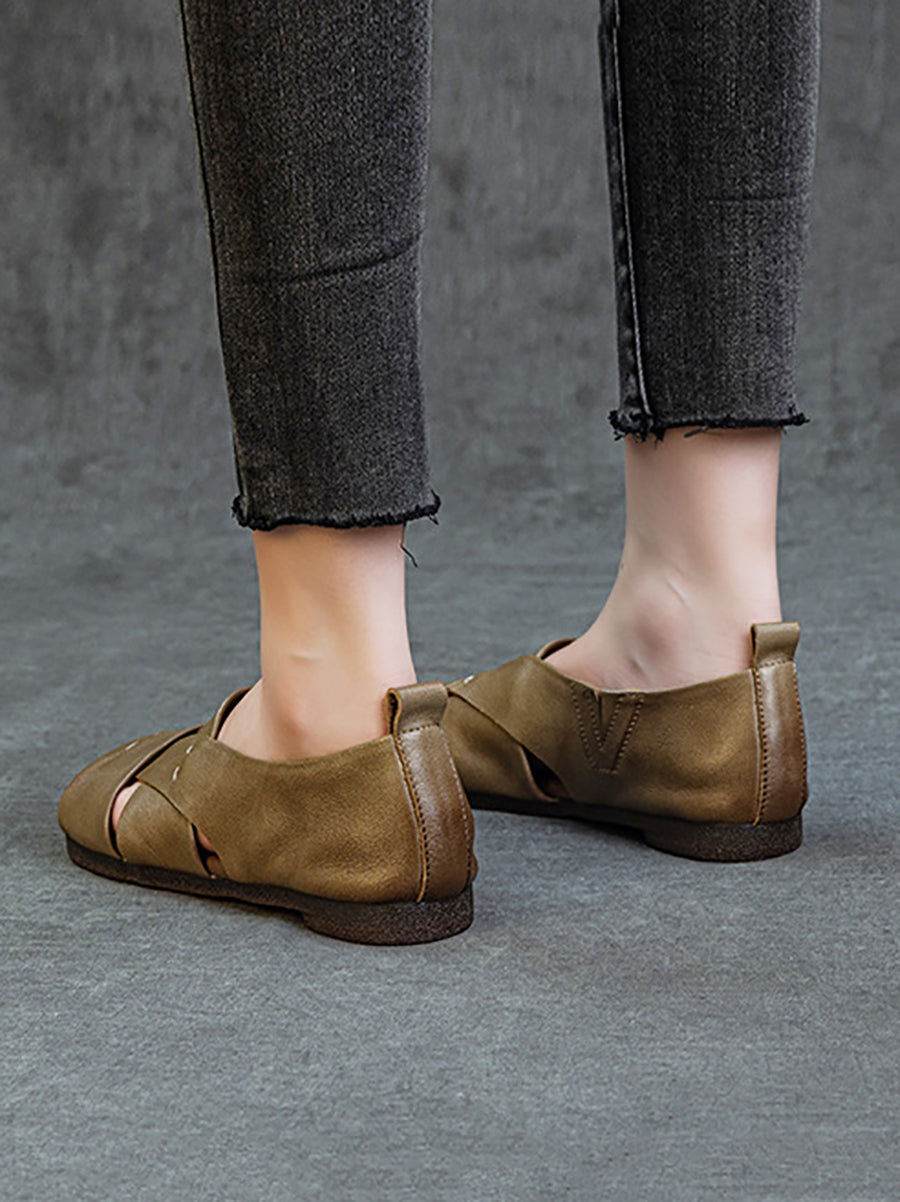 Genuine Sandals Women Leather Vintage Flat