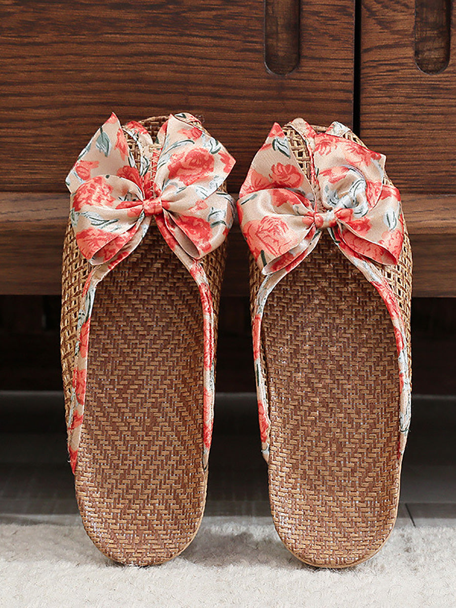Indoor Weave Slippers Women Straw Flower Ethnic Bowknot