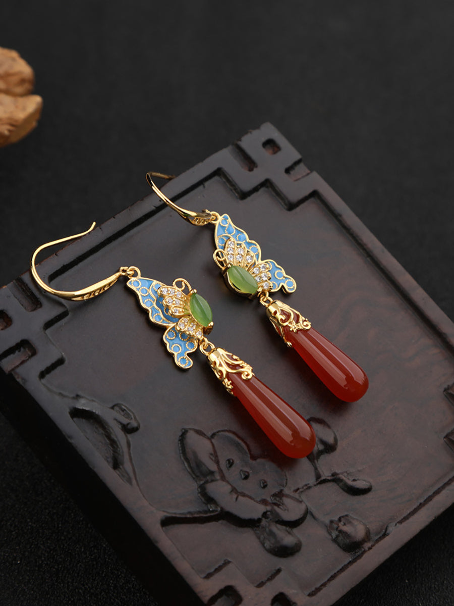 Ethnic Enamel S925Silver Butterfly Earrings Jade Women