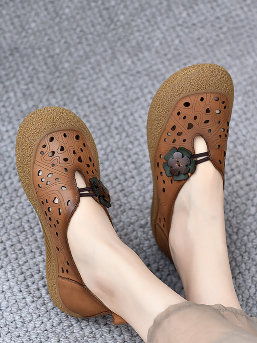Fashion Women Flower Shoes Out Leather Flat Hollow