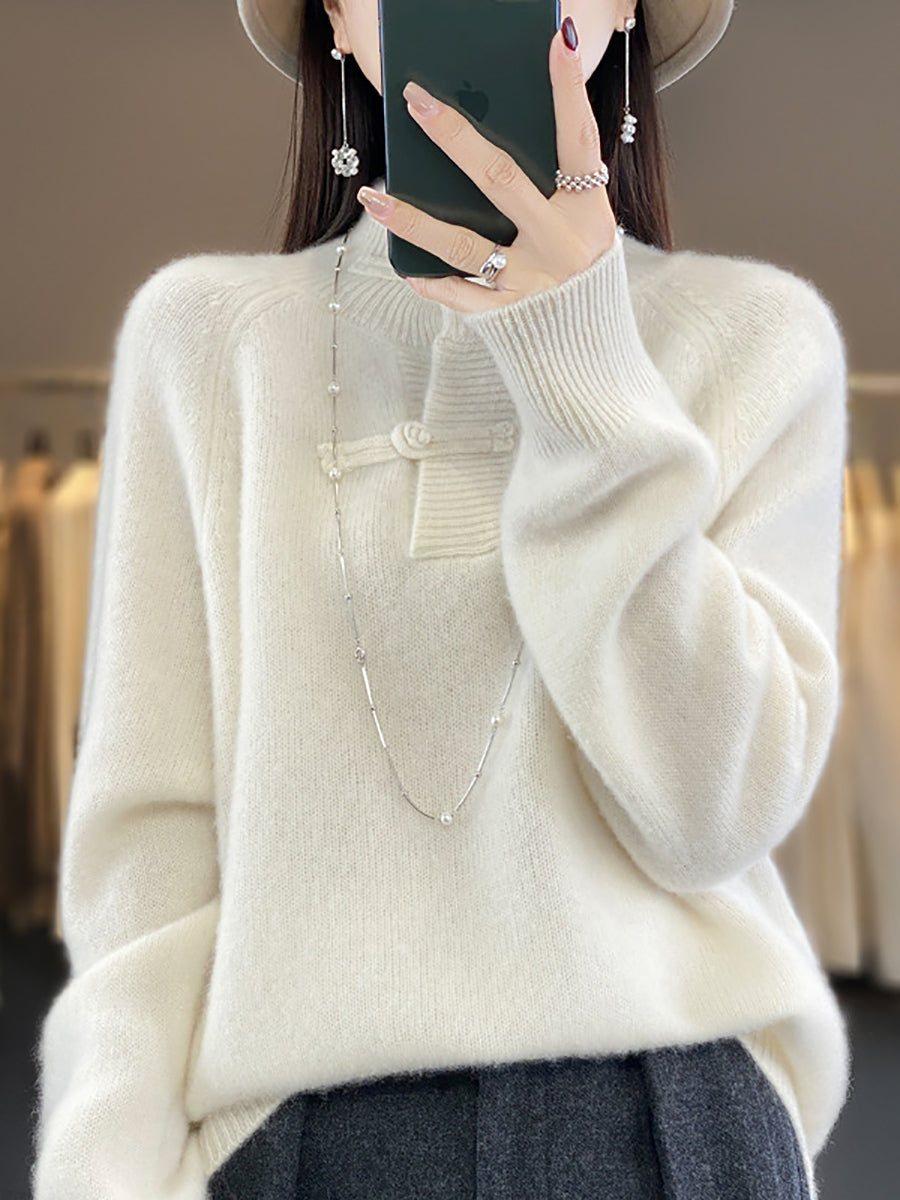 Women Autumn Vintage Half-Turtleneck 100%Wool Buckle Sweater BA1040