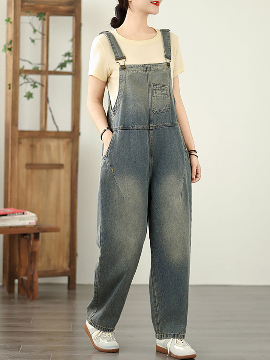 Women Pure Straight Summer Jumpsuits Color Denim Casual
