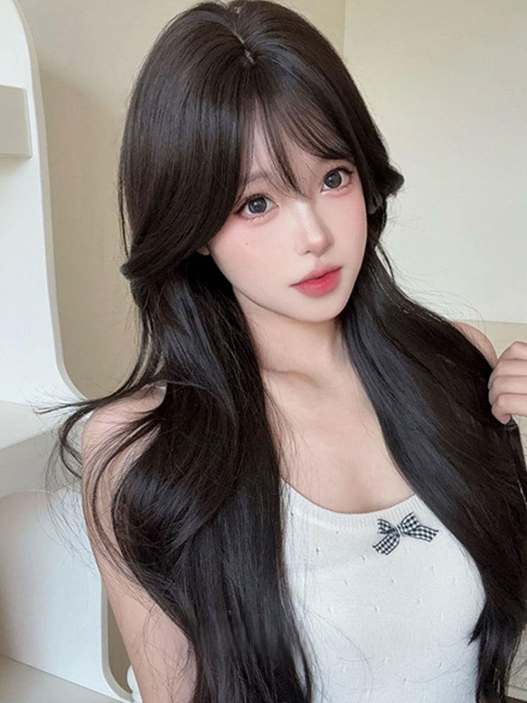 73CM Curtain Wig Length Wavy Black Bangs Tea With