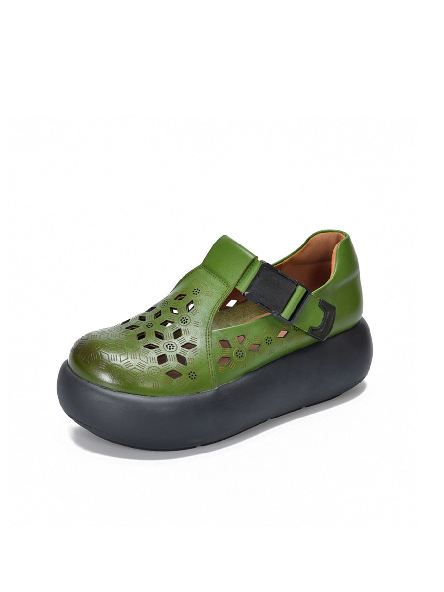 Hollow Out Leather Platform Genuine Casual Women Summer Shoes