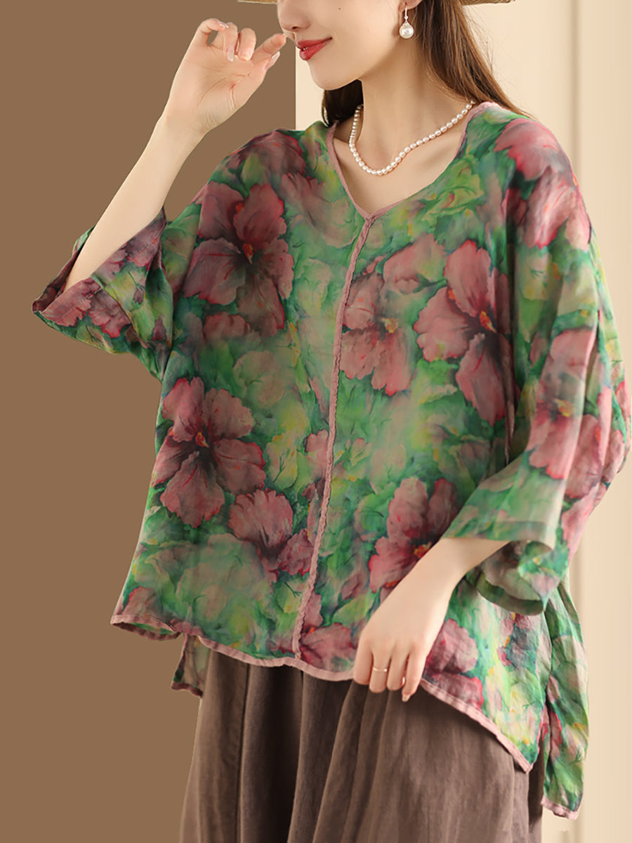 Women Vintage Floral V-Neck Linen Summer Shirt XX1014