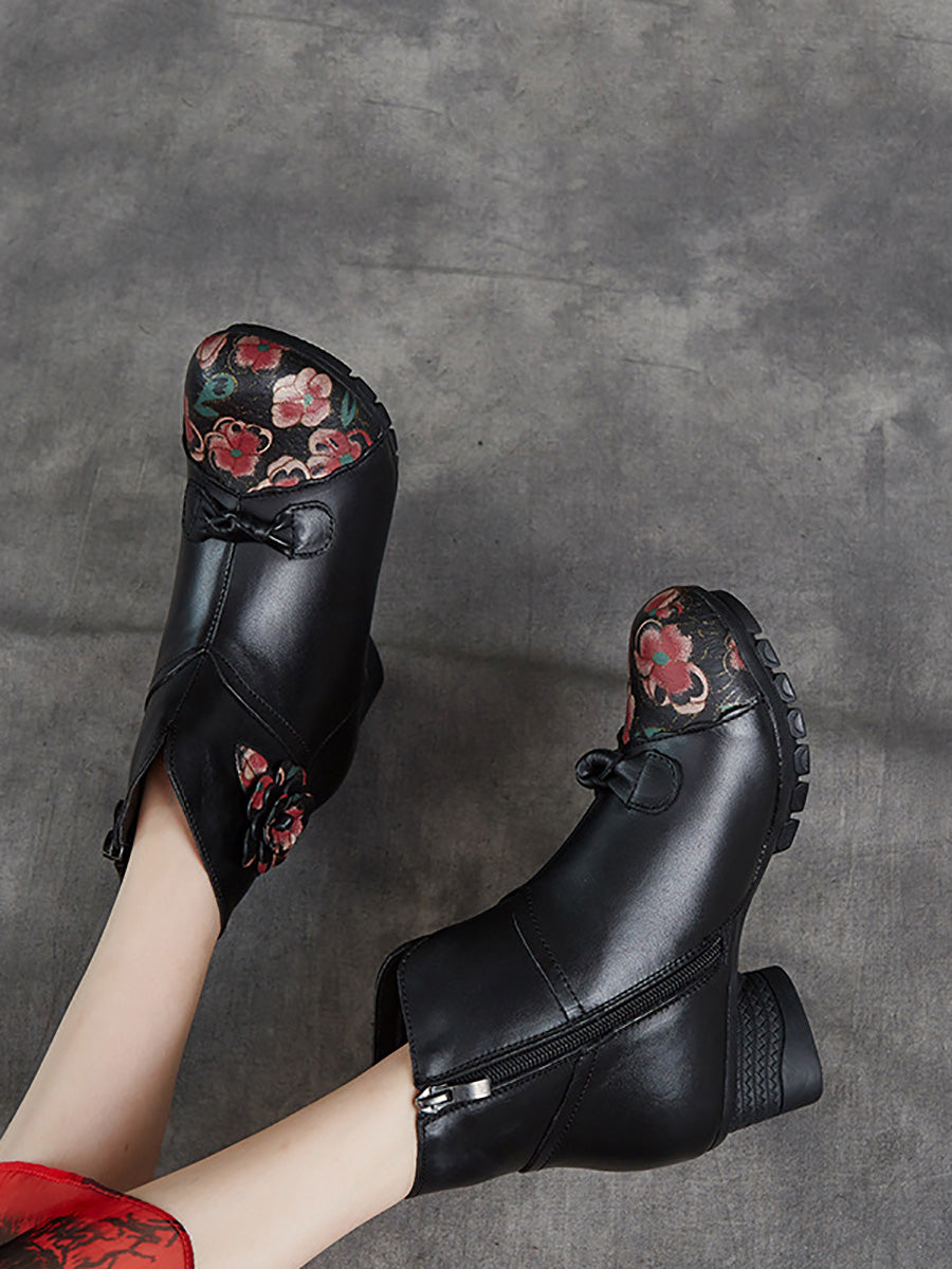 Women Ethnic Autumn Flower Spliced Leather Mid-Heel Boots AI1019