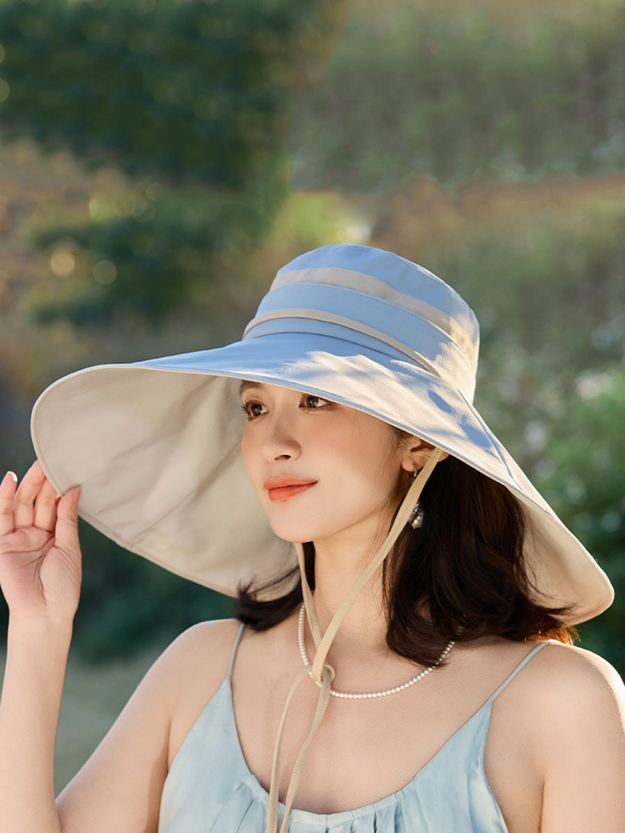 Brim Large Hat Sunproof Casual Stripe Women