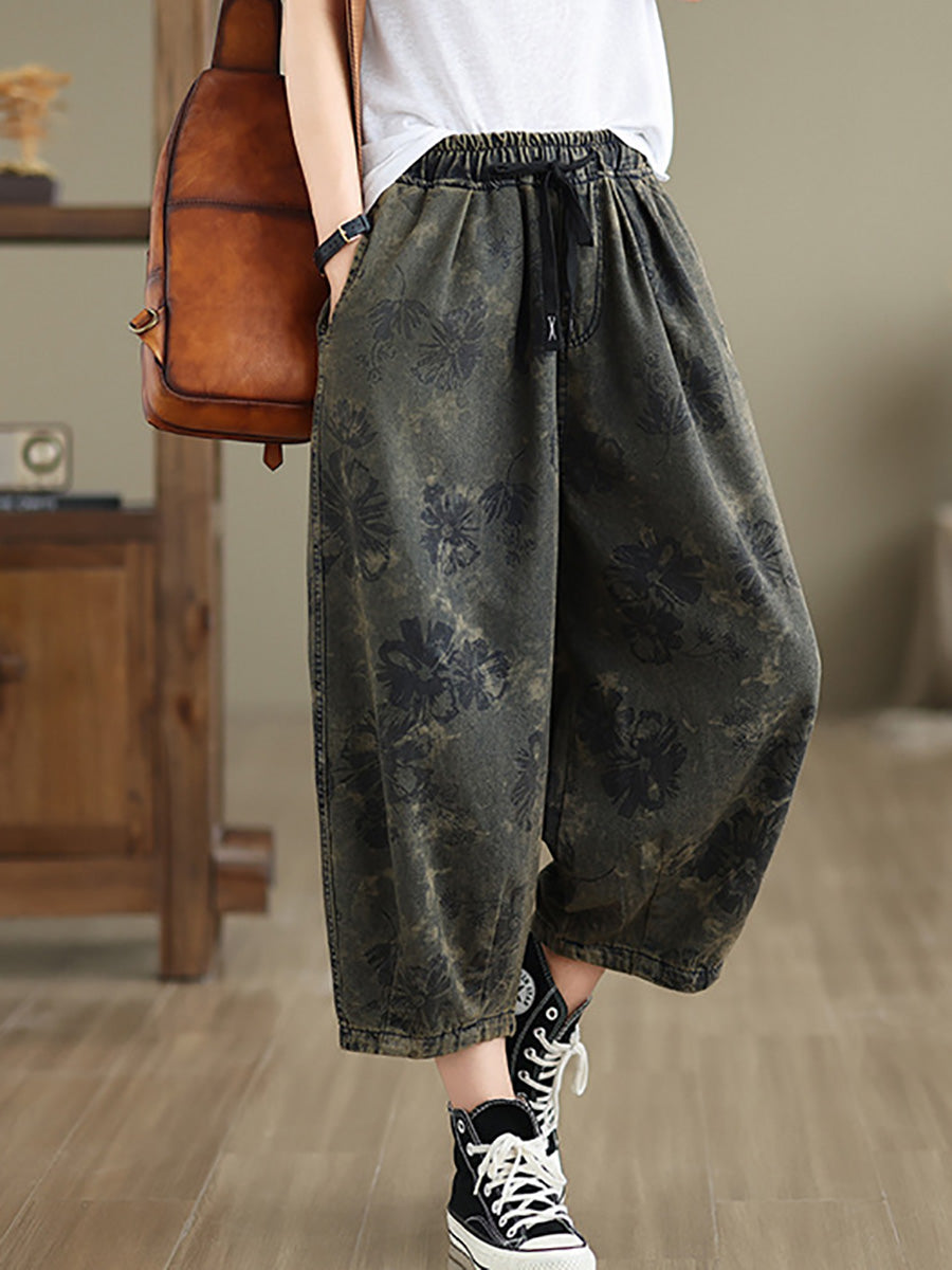 Women Summer Vintage Flower Denim Harem Pants LL034