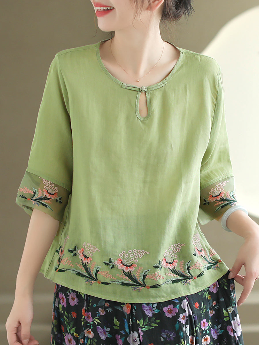 Women Summer Vintage Floral Embroidery Ramie Shirt AS1045