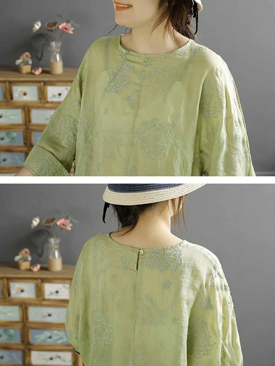 Women Vintage Embroidery Solid Ramie Shirt AA1012