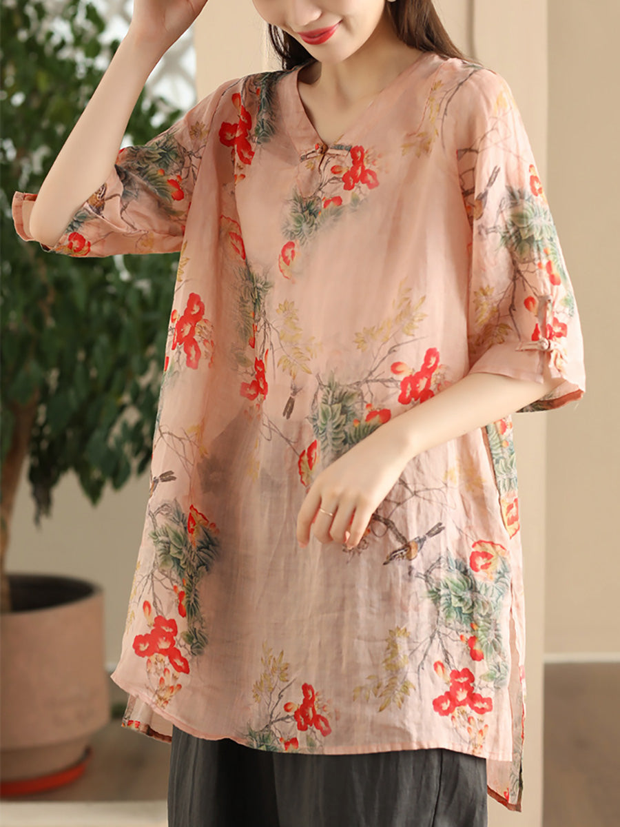 Women Summer Vintage Flower Buckle Ramie Long Shirt LL039