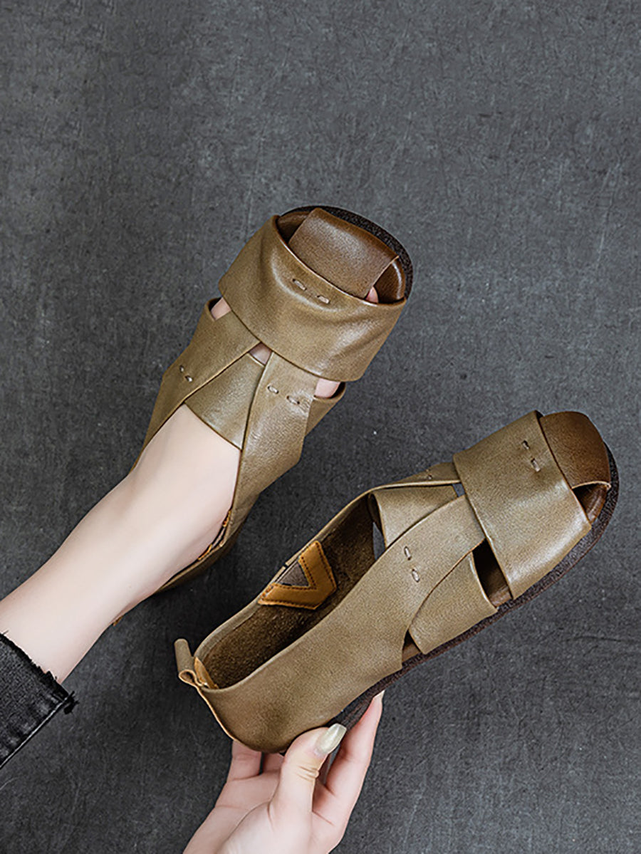 Genuine Sandals Women Leather Vintage Flat