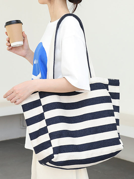 Women Casual Stripe Canvas Large Capacity Shoulder Bag CX044