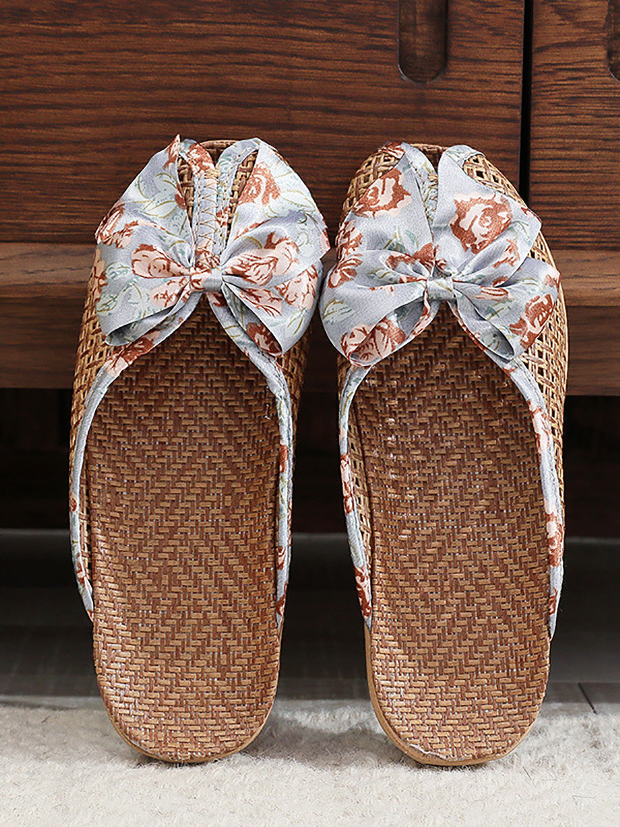 Indoor Weave Slippers Women Straw Flower Ethnic Bowknot
