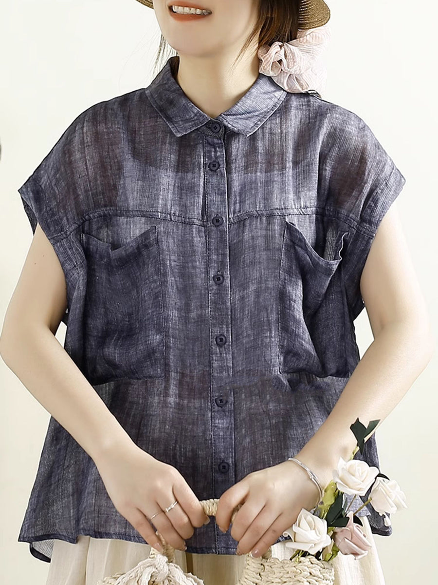 Women Summer Vintage Solid Button-up 100%Ramie Shirt CV1010