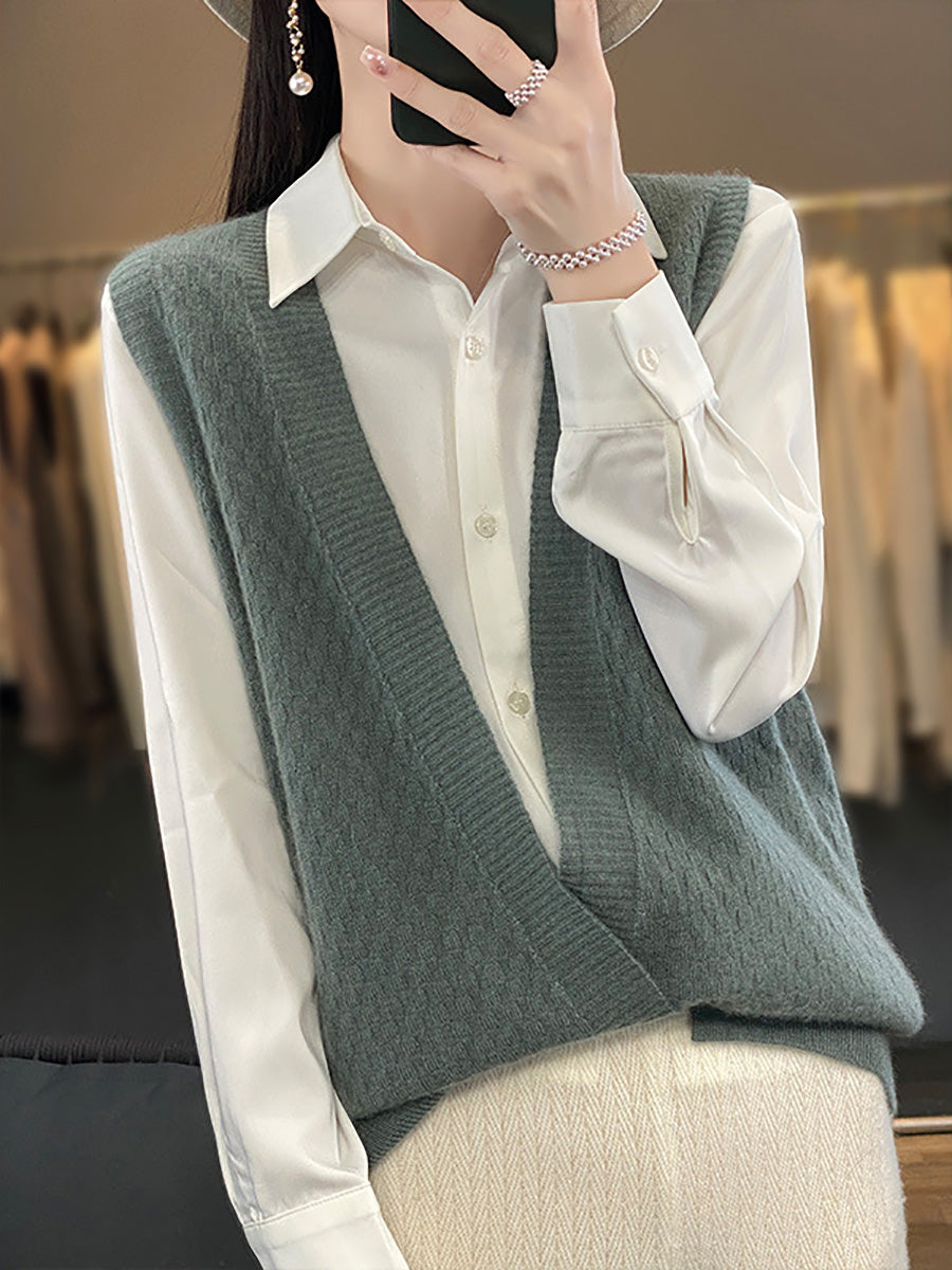 Women Casual Wool Solid V-Neck Irregular Hem Knit Vest AX1079